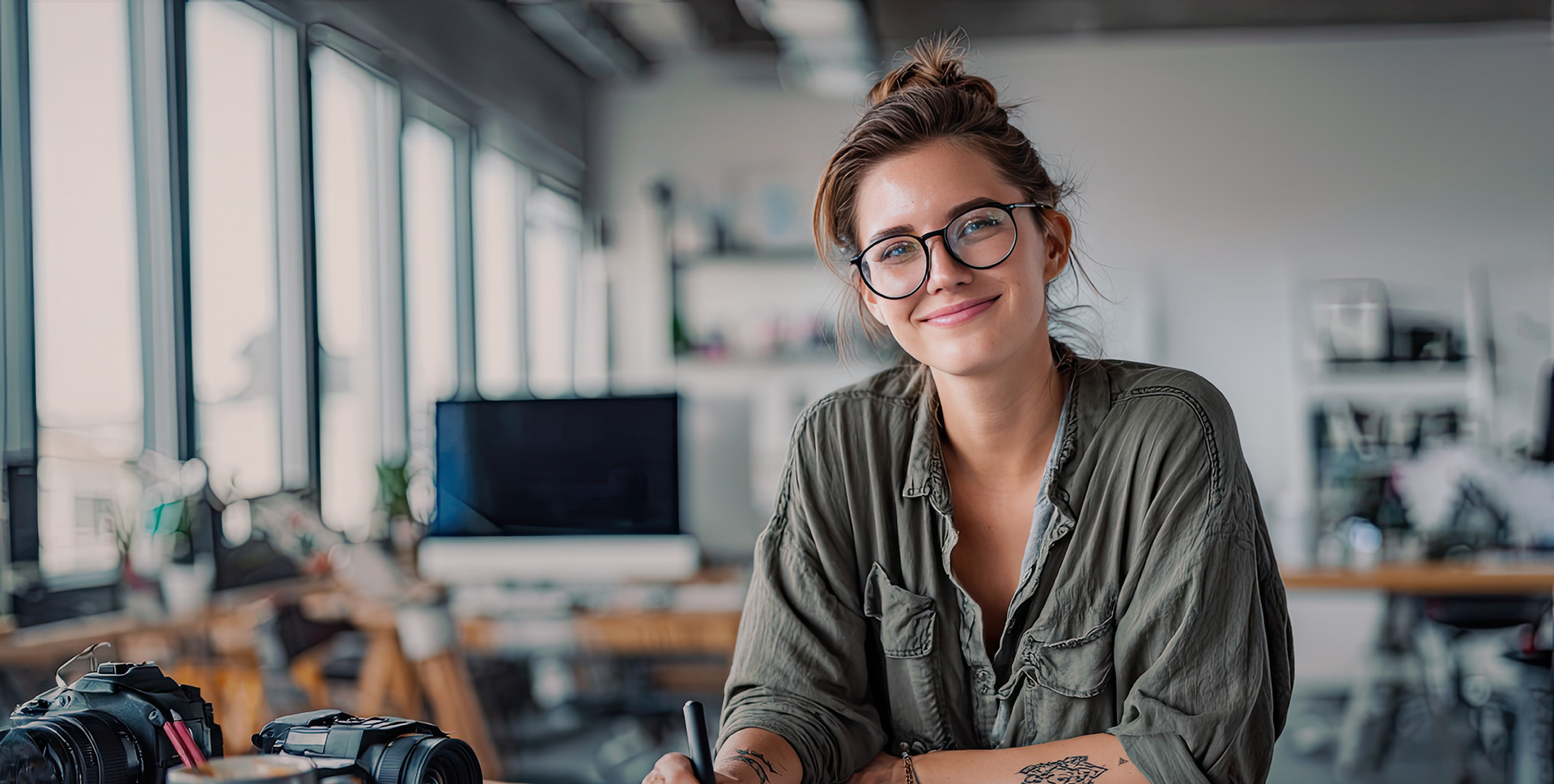 Eine Frau mit Brille sitzt in einem Büro mit Fotografieausrüstung.