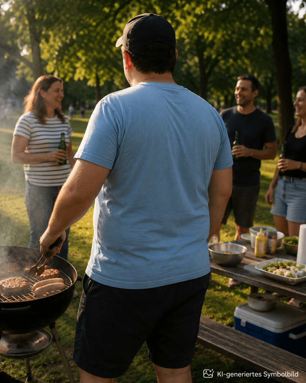 Absolvent mit Freunden bei einer Grillparty